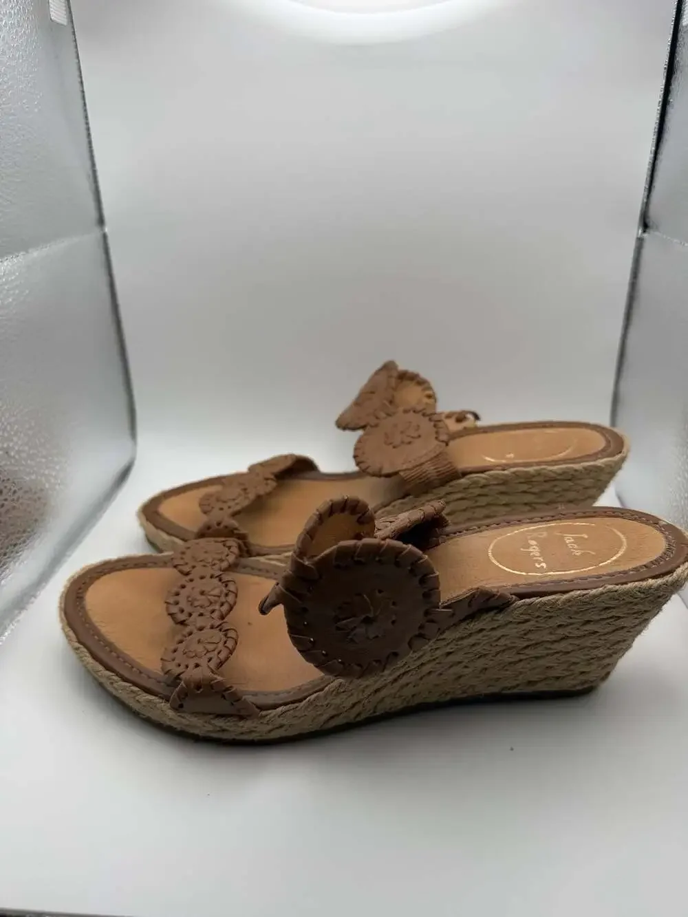 Jack Rogers Shelby Espadrille Wedge Slide Sandals in Brown Leather